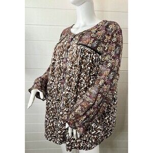 Intro Top Womens Poet Sleeve Ditsy Floral Leopard Mixed Media 2X Fairy Grunge